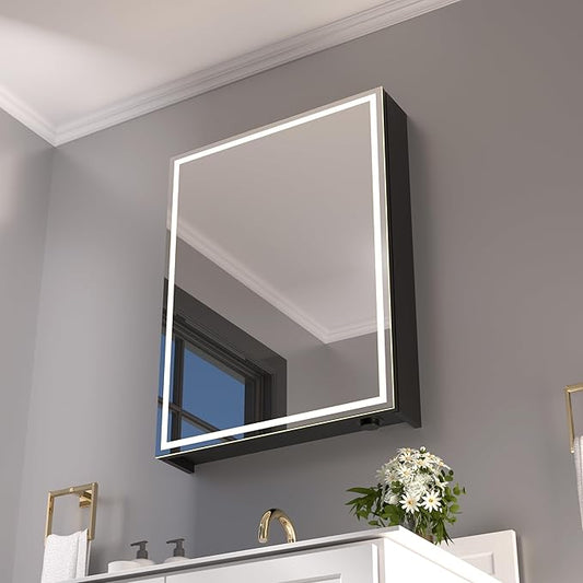 28x20inch LED Medicine Cabinet Lighted Bathroom Mirror, Defogger, Stepless Dimmable, 3000K/5500K Color Temperature Wall Mounted Makeup Mirror, Adjustable Shelf (Assembly Required), Black