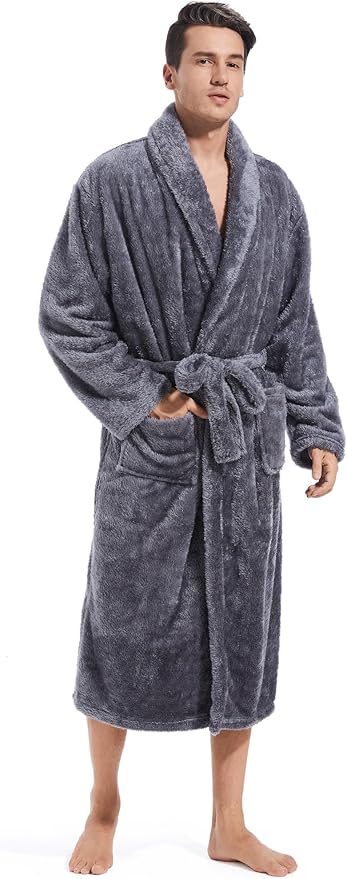 Inner Wish Mens Plush Fleece Robe, Cozy Warm Bathrobe Fuzzy Male Spa Long Robe With Pockets (DARK GREY)