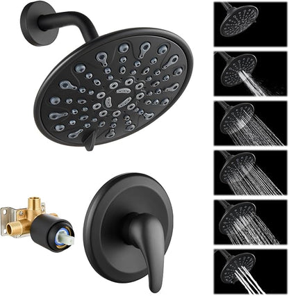 gotonovo Shower Faucet Set with Valve 6 Mode Rain Head Matte Black | Bathroom Shower Head and Handle Set Complete Combo,6 Mode Multi 6’’ ABS Rainfall Showerhead,Brass Valve Trim Kit,Wall Mount