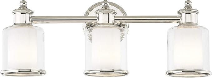 Livex Lighting 40213-35 Middlebush Collection 3-Light Bathroom Vanity Light with Double Shaded Hand Crafted Glass Shades, Polished Nickel, 23.5 x 6.5 x 9