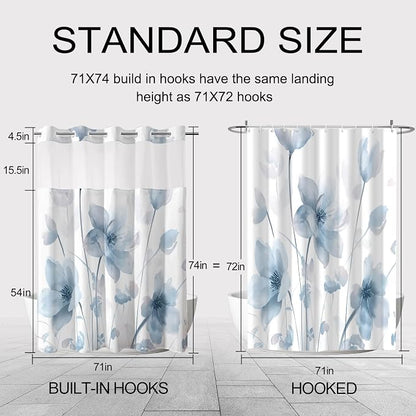 No Hook Shower Curtain and Liner Set, Blue Boho Floral 71x74 | Watercolor Boho Flower, with Snap in Liner, Waterproof, Machine Washable, Quick-Drying, for Hotel Bathroom