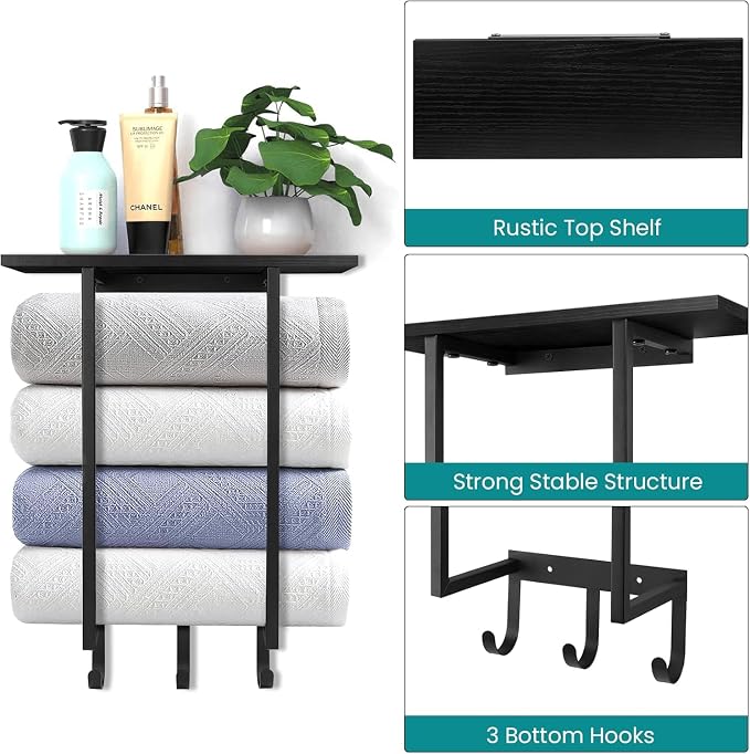 ELITEROO Towel Holder for Bathroom Wall, Wooden Towel Rack Shelf | Hanging Towel Organizer with 3 Hooks for Small Bathroom Storage, Bath Rolled Towel Shelf for RV, Camper, Black