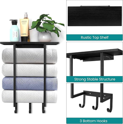 ELITEROO Towel Holder for Bathroom Wall, Wooden Towel Rack Shelf | Hanging Towel Organizer with 3 Hooks for Small Bathroom Storage, Bath Rolled Towel Shelf for RV, Camper, Black