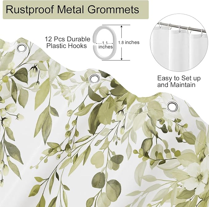 Beige Floral Eucalyptus Shower Curtain with Hooks, 72x72 Inch | Waterproof Fabric, Watercolor Leaves and Floral, Botanical Style, Machine Washable, Quick-Drying, for Hotel Bathroom