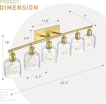 zeyu 42.2'' Modern Bathroom Gold Light Fixture, 6 Light Bathroom Lighting Fixtures Over Mirror Bedroom, Brushed Gold Finish with Clear Hammered Glass, ZJF63B-6W BG