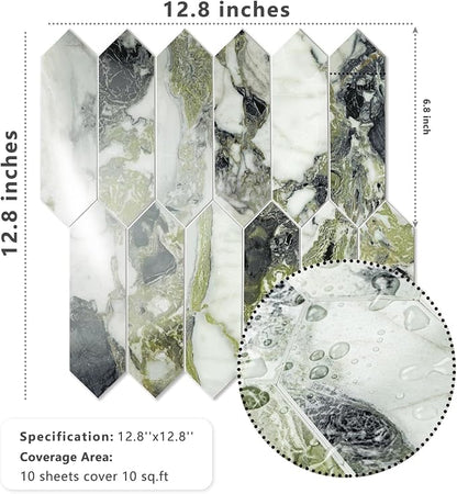 Vamos Tile Glossy Ice Green Backsplash Tile Peel and Stick, 12.8 x 12.8 Inch 10 Sheets Long Hexagon PVC Self Adhesive Mosaic Wall Tiles Stick on Backsplash for Kitchen Bathroom and Fireplace
