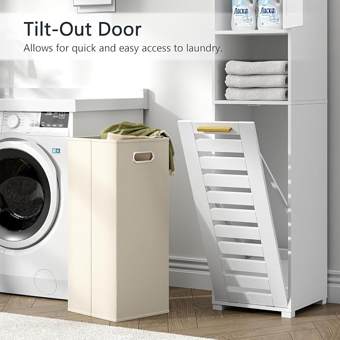 VECELO Tall Bathroom Storage Cabinet with Mirror and Hidden Basket, Freestanding Slim Organizer with Adjustable Shelves and Shutter Door, for Laundry Room Bathroom, White