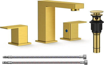 FORIOUS Brushed Gold Bathroom Faucet 3 Hole, 8 Inch Widespread Square Bathroom Sink Faucet with Metal Pop-Up Drain and cUPC Supply Lines Included for Restroom, Lavatory, Basin, Restroom and Mall