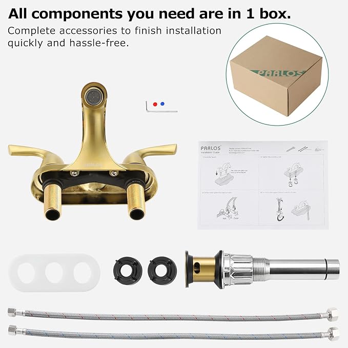 Brushed Gold Bathroom Faucet 4 Inch Centerset for Lavatory Sink | Mid Arc, 2 Handle Lead-Free RV Bathroom Faucet with Metal Pop Up Drain Supply Lines, for 2 or 3 Hole Lavatory Utility Sink