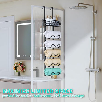 HapiRm Over The Door Towel Rack - 6 Tier Wall Mount Rolled Towel Holder Storage Organizer Shelf with Storage Basket for Small Bathroom, Rv, Camper - Black