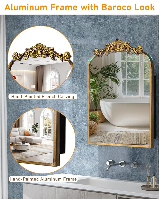 20"x30" Vintage Bathroom Medicine Cabinet with Mirror, Retro Hand-Painted Flower Art Decor, Arched Aluminum Frame Medicine Cabinets Recessed / Wall Mounted, 2 Stable & Removable Shelves, 1 Organizer