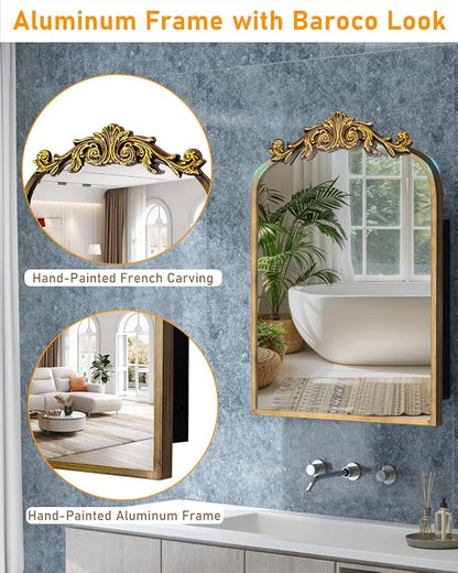 20"x30" Vintage Bathroom Medicine Cabinet with Mirror, Retro Hand-Painted Flower Art Decor, Arched Aluminum Frame Medicine Cabinets Recessed / Wall Mounted, 2 Stable & Removable Shelves, 1 Organizer