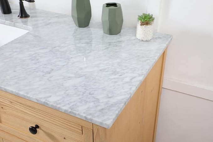 60" Pre-Assembled Bathroom Vanity with Sink, Solid Birch and MDF, Carrara White Marble Countertop Attached, Single Rectangle Porcelain Sink, 6 Soft-Close Drawers, Natural Wood