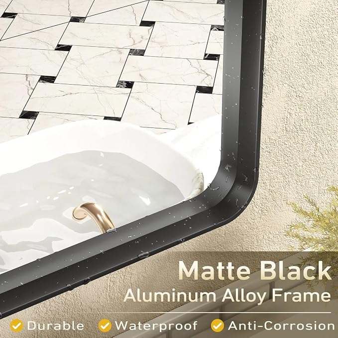 48x36 Inch Matte Black Bathroom Mirror for Wall | Metal Framed, Modern Rectangle Bathroom Vanity Mirror, Rounded Corner, Anti-rust, Shatter-Proof (Horizontal/ Vertical)