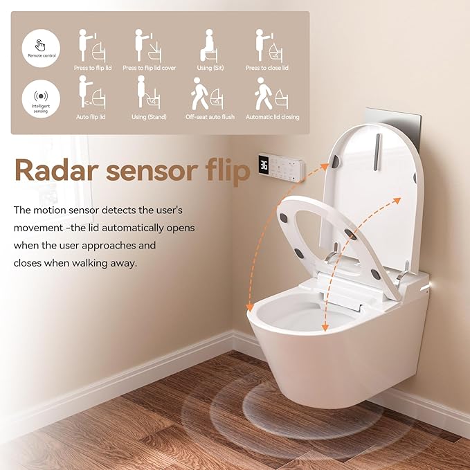 Wall Hung Smart Toilet, Elongated Wall Hung Toilet with Bidet Built In, Heated Seat, Warm Water Wash, Air Dryer, Auto Flush, Foot Sensor Flush, Auto Open and Close Lid