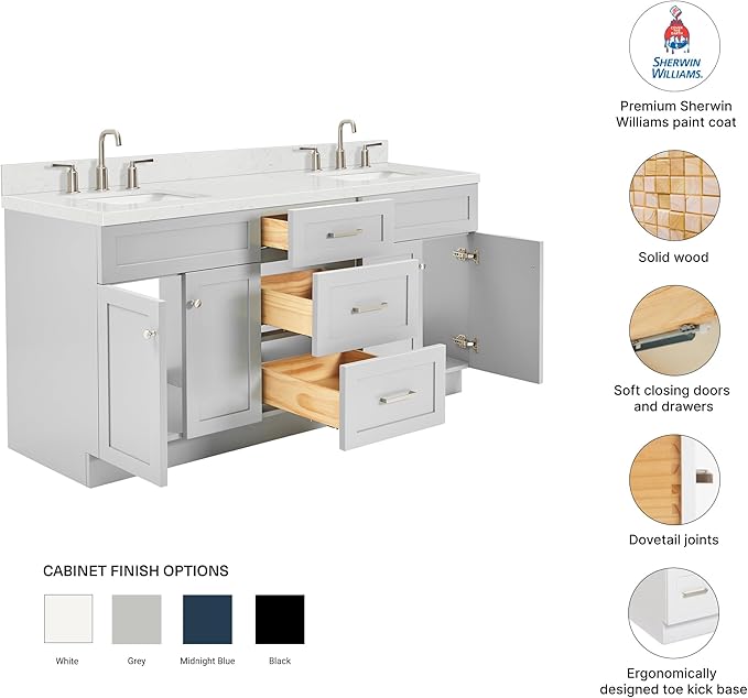 DKB Bradford 72 Inch Bathroom Vanity Double Sink — Grey Bathroom Vanity with Sink, 1.5" Edge Carrara White Countertop & Backsplash, 4 Soft-Close Doors, and 3 Dovetail Drawers