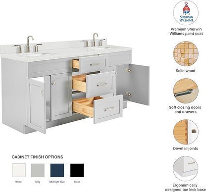 DKB Bradford 72 Inch Bathroom Vanity Double Sink — Grey Bathroom Vanity with Sink, 1.5" Edge Carrara White Countertop & Backsplash, 4 Soft-Close Doors, and 3 Dovetail Drawers