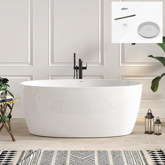 FerdY Tahiti 59" Acrylic Freestanding Bathtub, Elegant Oval Shape Bathtub, Glossy White, Polished Chrome Drain & Integrated Slotted Overflow Assembly Included cUPC Certified