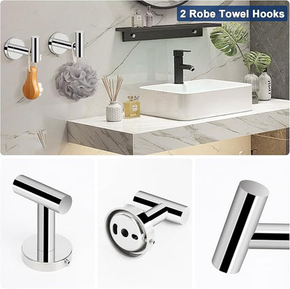 NearMoon 5 Pieces Bathroom Hardware Set SUS304 Thicken Stainless Steel-Towel Rack Kit Include 24" Towel Rod + Bath Towel Ring + Toilet Paper Holder + Robe Towel Hooks Bath Accessories (Chrome Finish)