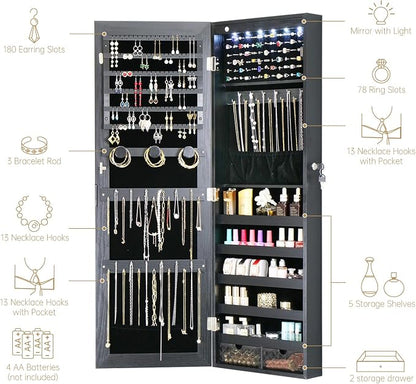 LED Jewelry Cabinet Armoire Organizer,Wall/Door Mount Jewelry Organizer and Storage with Full-Length Mirror Hanging Jewelry Organizer Full Length Mirror with Storage Large Capacity Black