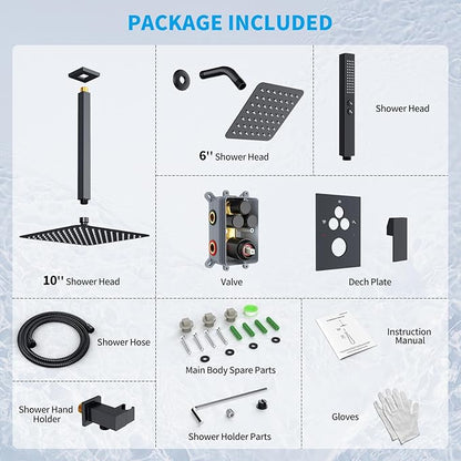 Shower Faucet Set Shower System - EMBATHER Push Button Diverter Dual Shower Faucet Valve Kit with Rainfall Ceiling Mount 10 Inch Shower Head 6 Inch Wall Mount, for Couple (Standard-10'', Matte Black)