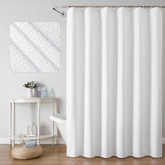 OWENIE White Shower Curtain for Bathroom 80 Inches Eatra Long, Elegant 3D Embossed Textured Cloth Waffle Shower Curtain, Modern Luxury Hotel Style, Water Repellent, Machine Washable, 72X80, White