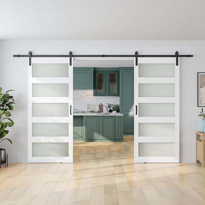 SMARTSTANDARD Double 34×84 Glass Barn Door with Sliding Hardware Kit | Pre-Drilled Ready to Assemble, Waterproof PVC Coating, 5-Panel Glass, White