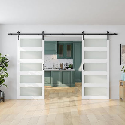 SMARTSTANDARD Double 34×84 Glass Barn Door with Sliding Hardware Kit | Pre-Drilled Ready to Assemble, Waterproof PVC Coating, 5-Panel Glass, White