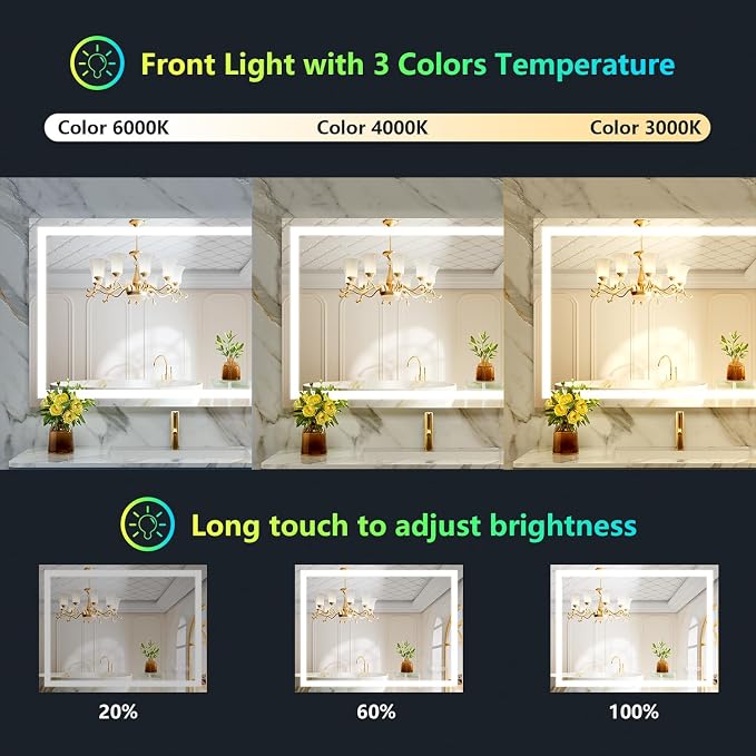 40x30 LED Bathroom Mirror with Lights, RGB Backlit Lighted Mirror | Backlit and Front Light, Anti-Fog, 3 Color Dimmable, Memory, Tempered Glass, IP54 Waterproof, UL Listed