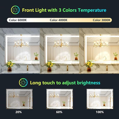 40x30 LED Bathroom Mirror with Lights, RGB Backlit Lighted Mirror | Backlit and Front Light, Anti-Fog, 3 Color Dimmable, Memory, Tempered Glass, IP54 Waterproof, UL Listed
