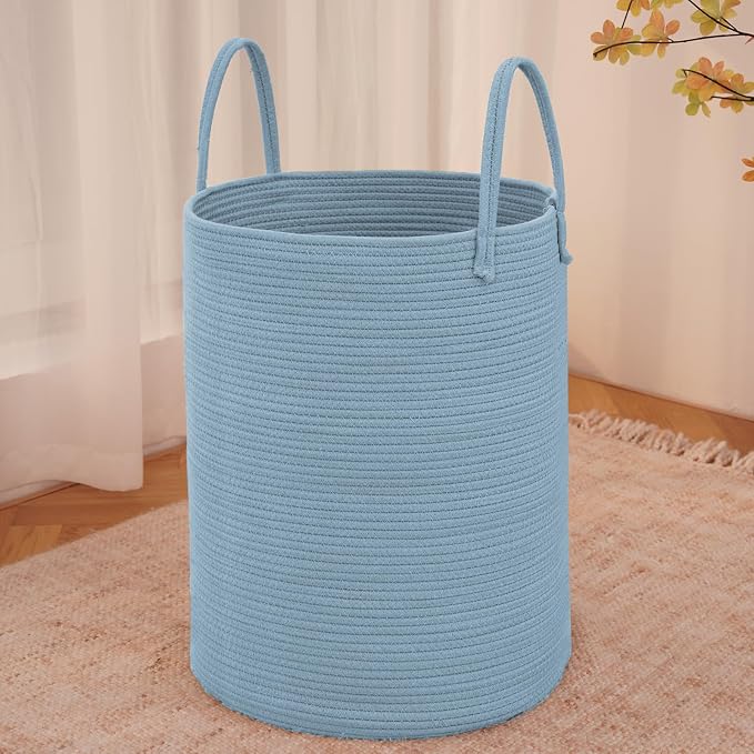 JMvicyroam 60L Cotton Rope Laundry Basket Hamper, Blue | Collapsible laundry basket, reinforced handles, freestanding, machine washable, holds 3-5 thick blankets, clothes or toys