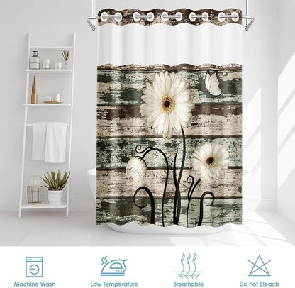 No Hook Shower Curtain with Snap in Liner 71x86 Inch Wood Flower | Vintage Daisy Boards Modern Double Layers Waterproof Fabric with See Through Top Window Open Grommet Bath Curtain