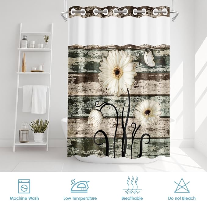 No Hook Shower Curtain with Snap in Liner 54x80 Inch Wood Flower | Vintage Daisy Boards Modern Double Layers Waterproof Fabric with See Through Top Window Open Grommet Bath Curtain