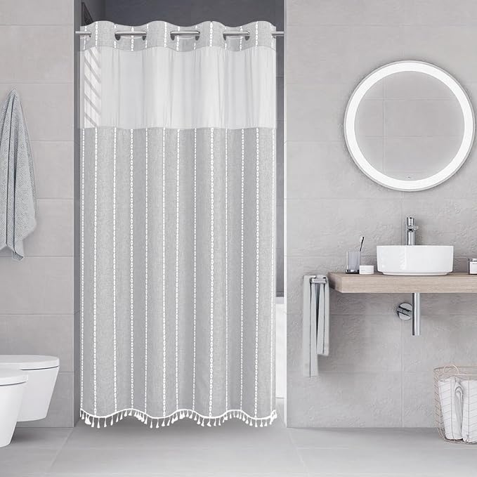 eachope No Hook Stall Shower Curtain with Snap-in Fabric Liner - 54x80 Heavy-Duty Linen Textured Striped Design,Narrow Rustic Modern Farmhouse Bohemian Bathroom Curtain,Water-Repellent,Grey/Gray | 330GSM Heavy-Duty Linen Textured Striped Design,Narrow ...