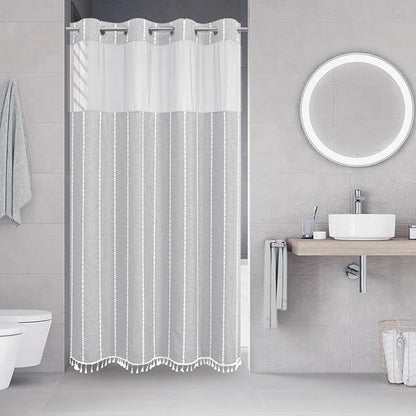 eachope No Hook Stall Shower Curtain with Snap-in Fabric Liner - 54x80 Heavy-Duty Linen Textured Striped Design,Narrow Rustic Modern Farmhouse Bohemian Bathroom Curtain,Water-Repellent,Grey/Gray | 330GSM Heavy-Duty Linen Textured Striped Design,Narrow ...