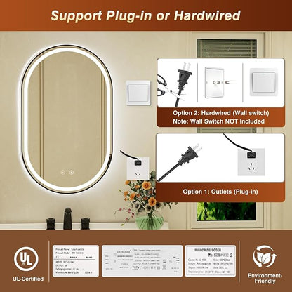 22x36 Inch Oval Black Framed LED Bathroom Mirror with Lights, Wall-Mounted Mirror with Anti-Fog, 3 Color Temperature, Dimmable Brightness, Waterproof, Tempered Glass, Frontlit & Backlit
