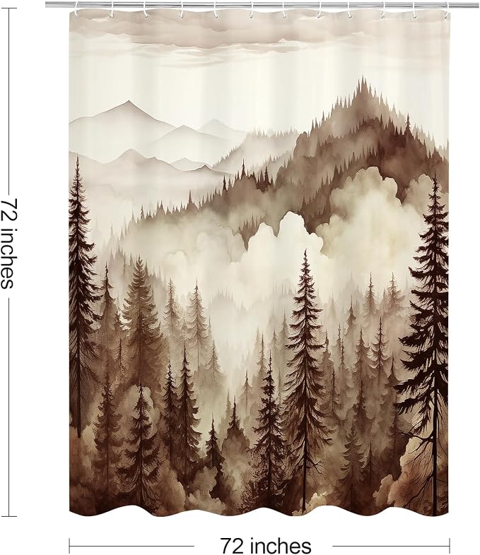 Litabel Brown Misty Pine Forest Shower Curtain, Tan Mountain Foggy Woodland Scenery Tree Shower Curtains for Chic Rustic Bathroom, Abstract Modern Waterproof Nature-Themed Decor, 72x72 Inches