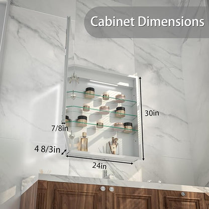 LED Bathroom Medicine Cabinet with Mirror, 24"x30" Anti-Fog Smart Mirror Cabinet, UPVC Waterproof Vanity Cabinet Recessed/Surface, Adjustable Shelves, 3-Color Dimmable, Motion Sensor, DTC Left Hinges