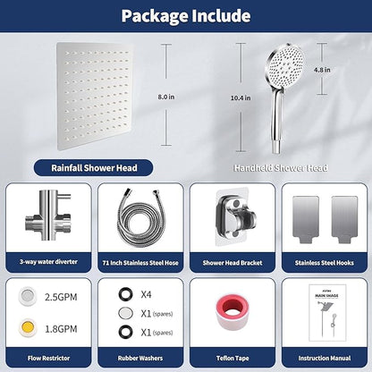 Airlex Shower Head Rain Shower Head with Handheld Spary, High Pressure Rainfall Showerhead and 4 Modes Handheld Shower Heads Built-in Power Wash with 71 Inch Stainless Steel Hose, 8'' Sliver