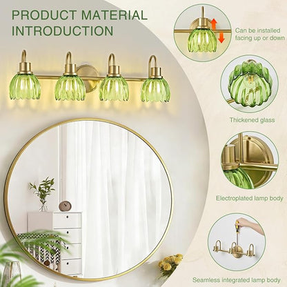 4-Light Bathroom Light Fixtures, 27" Vintage Gold Vanity Lights for Bathroom, Modern Vanity Lights with Ribbed Green Tulip Glass Shade, Wall Lamp for Mirror Living Room Hallway