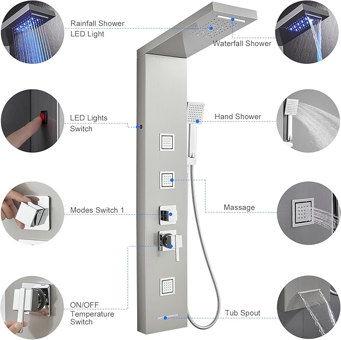 MENATT Shower Panel Tower System with LED Lights, 5 In 1 Shower Panel with Rainfall and Waterfall Shower Head, 3 pcs Massage Spray, Handheld Shower, Waterfall Tub Spout