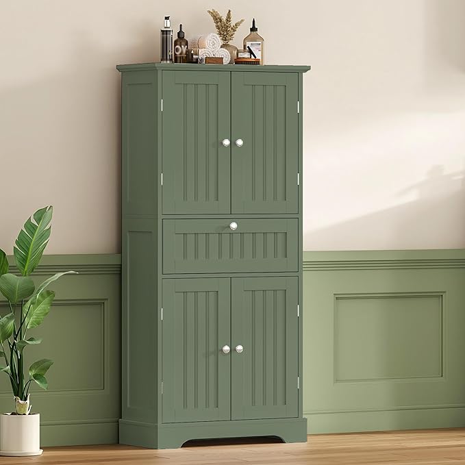 ChooChoo 51" H Bathroom Floor Cabinet with Drawers and Adjustable Shelves | Bathroom Storage Cabinet, Freestanding Kitchen Pantry Cupboard with 4 Doors for Living Room, Green