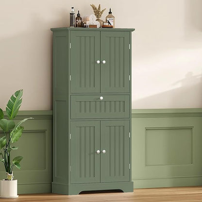 ChooChoo 51" H Bathroom Floor Cabinet with Drawers and Adjustable Shelves | Bathroom Storage Cabinet, Freestanding Kitchen Pantry Cupboard with 4 Doors for Living Room, Green