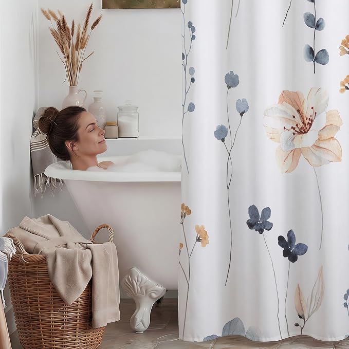 No Hook Floral Shower Curtain with Liner, Blue Beige, 71x80 | Snap in Liner, 3 in 1, Water Repellent, Easy Install, Machine Washable, Hotel Style for Bathroom, Watercolor Pattern