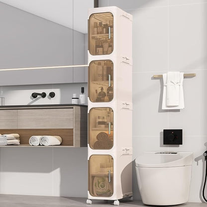 4 Tier Slim Bathroom Storage Cabinet, Foldable and Movable, Beige | Tools Free, ABS and PET, Magnetic Clear Door, Adjustable Shelves, Lockable Wheels, Water Resistant, For Narrow Space