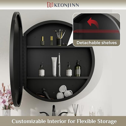 Keonjinn 24 x 24 In Round Medicine Cabinets for Bathroom, Black Mirror Surface Mount Medicine Cabinet, Circle Black Medicine Cabinet with Mirror, Adjustable Shelves Framed Bathroom Mirror with Storage