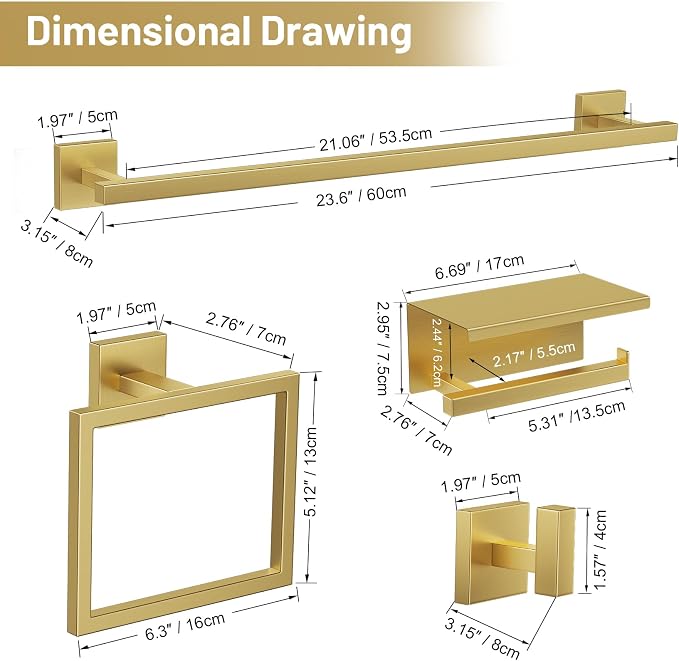 TURS Brushed Gold 5 Pieces Bathroom Hardware Set, SUS304 Stainless Steel 23.6 Inch Bath Towel Bar Set, Square Bathroom Accessories Kit Wall Mounted
