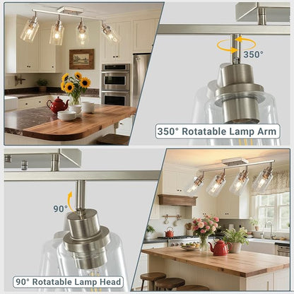 LOUSACE 4-Light Brushed Nickel Track Lighting Kit with Clear Glass, Modern Track Light Fixtures Flush Ceiling Mounted, Tracking Vanity Lighting Rotatable Spotlight for Kitchen Bathroom Accent Shop