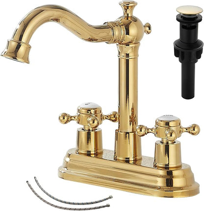 Bathroom Faucet Polished Gold 2 Handles 4 Inches Centerset Bathroom Vanity with Drain Assembly and Supply Hose Lavatory Faucet