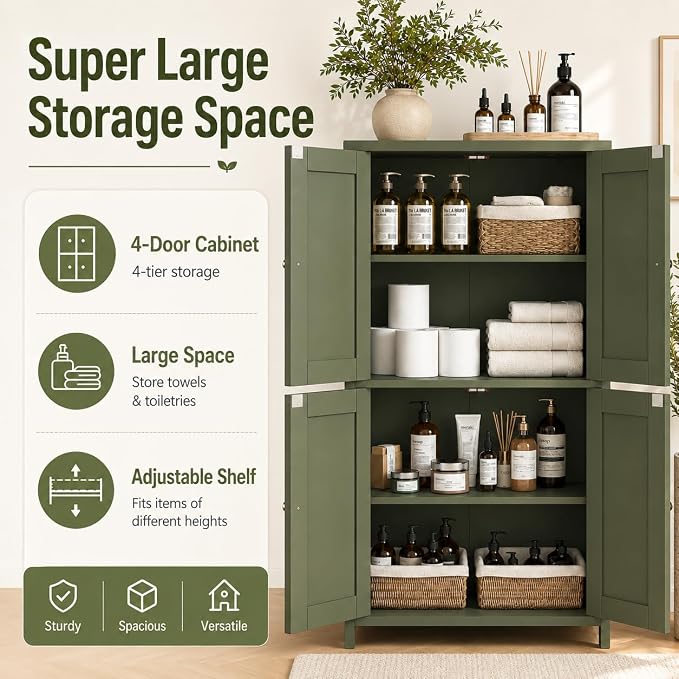 Nuturelly Bathroom Floor Storage Cabinet, 4 Doors, Anti-Tip, Pale Green | 23.7"D x 11.9"W x 42.6"H, Adjustable Shelves, Shaker style, 5-position Shelves, Rounded Corners, Easy Assembly